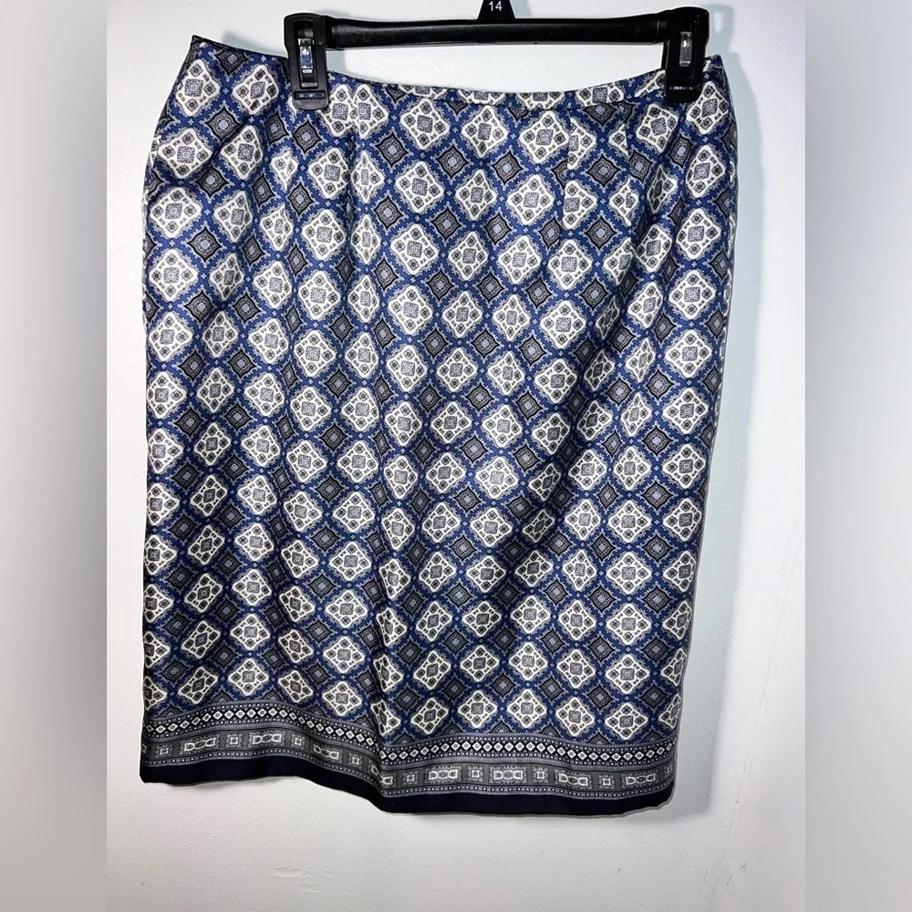 Talbots, 12, full wrap, silk, blue geometric print pencil midi skirt fully lined